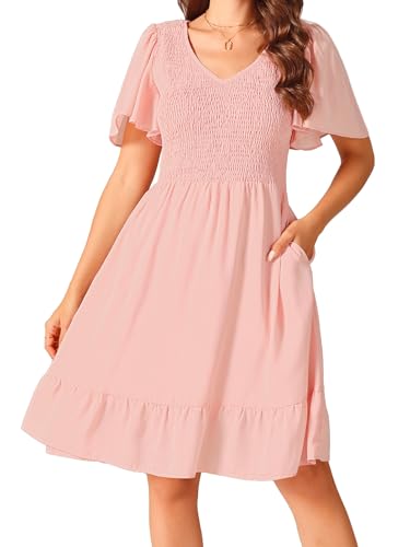 Image of Seta T Women's Summer Chiffon Dresses Smocked V Neck Flutter Short Sleeve Flowy Casual Dress with Pockets