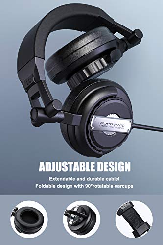 Over Ear Headphones, Sopownic DJ Headphone with 50mm Driver, Professional Monitor Recording, Mixing Foldable Studio Headsets with Stereo Sound for Electric Drum Keyboard Guitar Amp PC