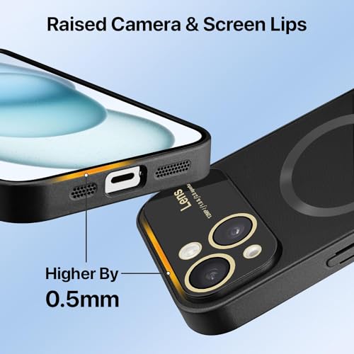 Image of Vaku Luxos Premium Polarized Leather Back Cover for iPhone 15 Texture Full Lens Protection Silicon Case Scratch Resistant Slim Thin Compatible with Mag-Safe - Black