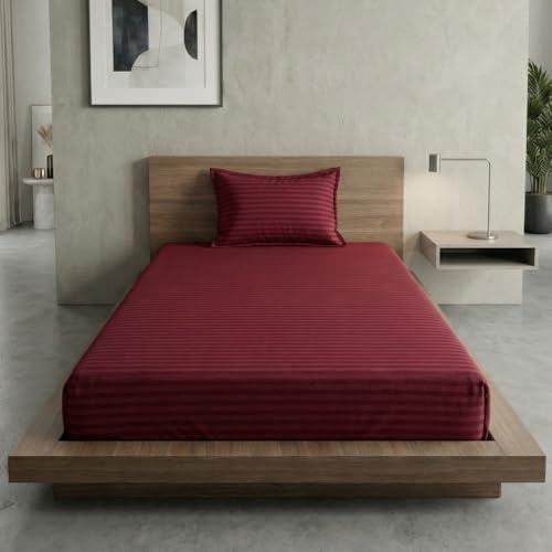 Image of Home Sizzler Microfibre Maroon Satin Stripe Elasticated Fitted Single Bedsheet (72x36 Inches) with 1 Pillow Cover