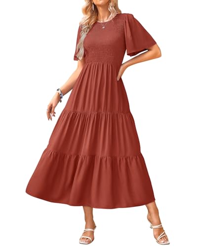 Image of KIRUNDO Summer Dresses for Women 2026 Spring Casual Flutter Short Sleeve Wedding Guest Smocked Flowy Tiered Aline Midi Dress