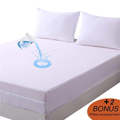 DOWNCOOL Zippered Waterproof Mattress Encasement Cover- Include 2 Bonus Pillowcase- Breathable Six Sided Mattress Protector (12-15 deep, Queen)