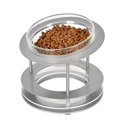 PETCOMO Cat Food Glass Bowl, Elevated Raised Cat Dish with Steel Stand, Tilted Pet Food Water Feeder Whisker-Friendly Bowls Indoors Feeding Station for Cats Small Dogs Kitten-MK2066A
