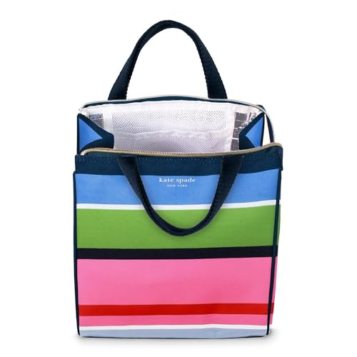 Image of kate spade new york Insulated Lunch Tote, Sunny Day Stripe | Cute Insulated Soft Cooler Bag, Adult Lunch Box with Silver Thermal Interior Lining and Mesh Storage Pocket