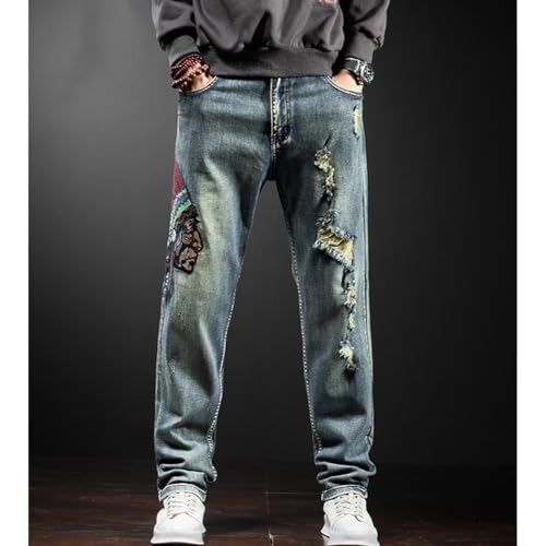 Mens Embroidered Dragon Jeans Vintage Straight Leg Distressed Denim Pants 28-442