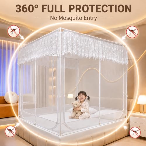 Image of Dawnwake Mosquito Net for King Size Double Bed, Anti-Fall Machardani Mosquito Net for Babies and Adults, Portable Foldable Mosquito Net Tent for Travel /Camping (White, 200x180 cm)