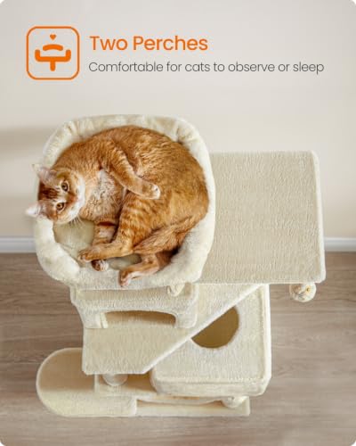 Image of Feandrea Cat Tree, 59.5-Inch Tall Cat Tower, Plush Multi-Level Condo with 5 Scratching Posts, 2 Perches, 2 Caves, Hammock, 2 Pompoms, Beige UPCT192M01