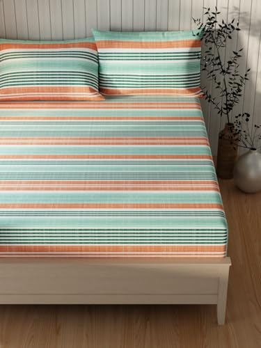 Image of KOPA Extra Smooth Cotton Double Bedsheet with 2 Pillow Covers -3pc Set (Lopez) | Extra Smooth Cotton | 1 Double Bedsheet with 2 King Size Pillow Covers Stripe-red /Green