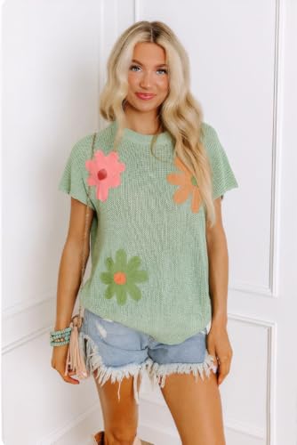 KevaMolly Womens Short Sleeve Sweaters Crochet Flower Knit Crew Neck Sweater Loose Beach Hollow Out Pullover Tops2