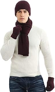 LAUSONS Hat Scarf Gloves Set for Mens 3 in 1 Winter Warm Fleece Lining Knitted Beanie Cap Slouchy Long Scarf and Touch Screen Gloves Unisex Sets For Daily Use Outdoor Sports