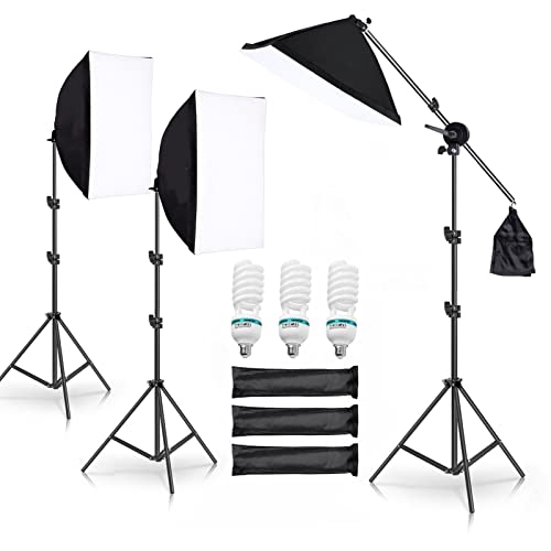 Softbox Set Fotostudio, Andoer 3 x 50 x 70cm Softbox Beleuchtungsset mit 3 135W Fotolampe, 3 2M Lichtstativ, Auslegerarm für YouTube, Tiktok...