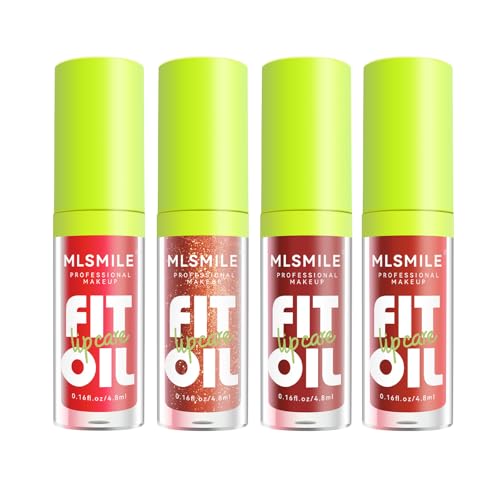 MLSMILE 4 Colors Lip Oil Lip Glaze Set, Tinted Gloss Lip Gloss Oil, Plumping Moisturizing and Nourishing Lips, Long Lasting Fresh and Smooth Lip Care Set - B#
