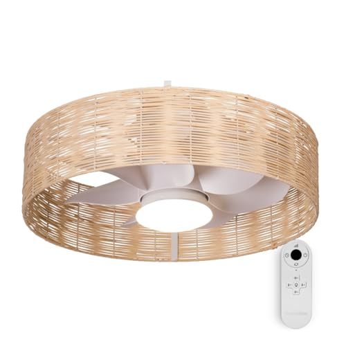 UNIVERSALBLUE Ventilador de Techo con Luz de Mimbre | Ventilador Moderno Aspas Ocultas | Motor DC...