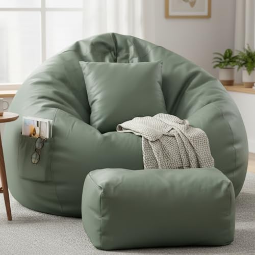 Image of Luxury 5XL Jumbo Bean Bag with Footrest & Cushion | Premium Leatherette | High-Density Beans Filled | Heavy Duty Double Stitch | 6 Months Warranty Color- (Navy Blue) (SAGE Green)