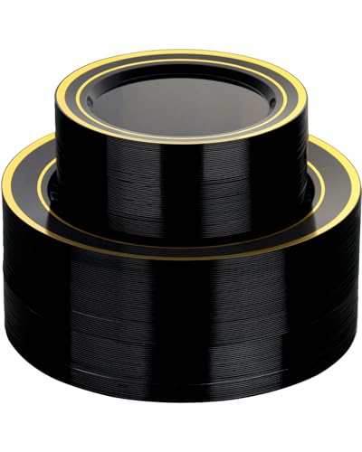 Image of Goodluck 200 PCS Black Plastic Plates with Gold Rim, Heavy Duty Disposable Black Plates with 100 10.25 inch Dinner Plates and 100 7.5 inch Dessert Plates for Party, Holiday, Wedding