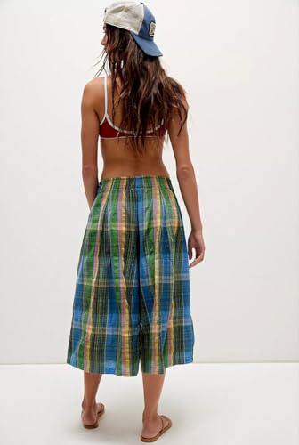 chouyatou Women's Retro Plaid Wide Leg Cropped Pants Y2k Baggy Culottes Capri Palazzo Pants with Pockets3