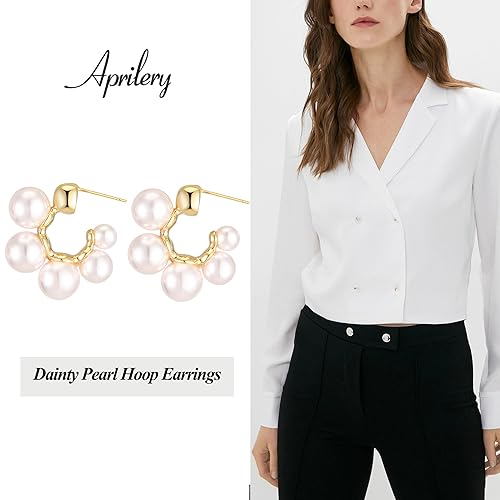 14K Gold Plated Pearl Hoop Earrings for Women, Trendy Pearl Earrings Cuff Lightweight Hypoallergenic Jewelry for Her3