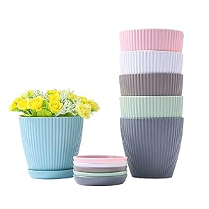 Riefie Plastic Planters Set of 6 Flower Plant Pots Modern Decorative Gardening Pot with Drainage for Indoor Outdoor…