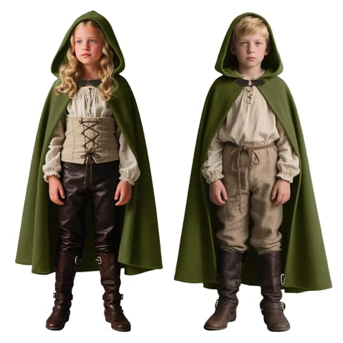 Medieval Cape with Hood - Renaissance Festival Cloak- Faux Leather Ring Buckle Closure Zauberer Zaubermantel for Fantasy LARP Costume Halloween Party Cosplay Masquerade (Green S (110-130))