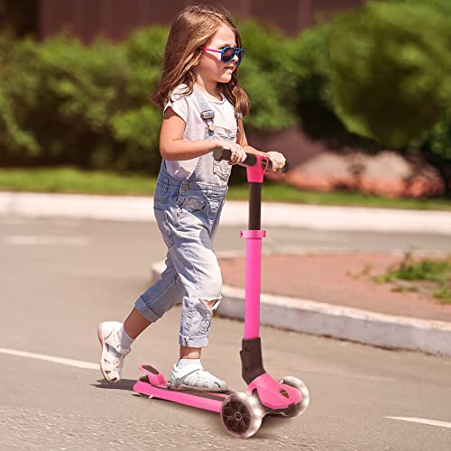 Hurtle 3 Wheeled Scooter For Kids - Foldable Stand Child Toddlers Toy Kick Scooters W/Built-In Led Wheel Lights, Anti-Slip Wide Deck, Adjustable Height, Great For Outdoor Fun -, Pink #TOP7