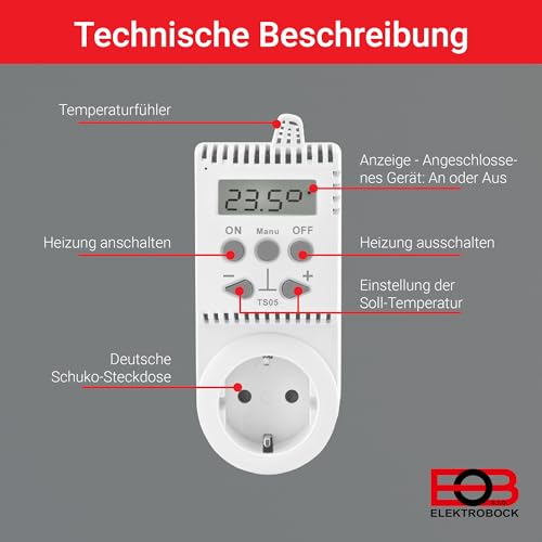 ELEKTROBOCK TS05 Steckerthermostat - Einfach zu Bedienen - Elektrische Heizungen - Infrarotheizung und Heizlüfter - Einstellbarer Temperaturbereich mit Frostschutz