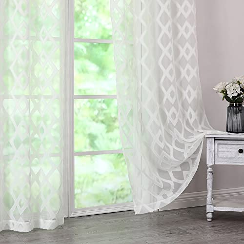Simplebrand Kiki Sheer Curtains 84 Inch Length 2 Panels Set, Light Filtering Clipped Voile Sheer Curtain, Geometric Jacquard Burnout Textured Design Window Panels Rod Pocket Top, W40X L84, Ivory #TOP9