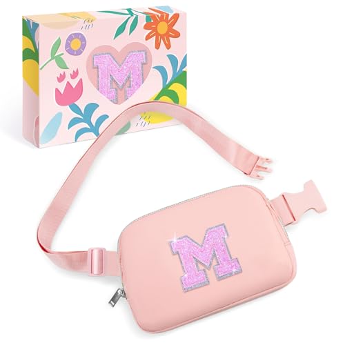 Image of COSHAYSOO Pink Belt Bag Initial Fanny Pack Crossbody Purse for Girls 5-7 6-8 8-10 10-12 Personalized Birthday Gifts for Daughter Big Little Sister Tween Flower Girl Girly Stuff Letter M