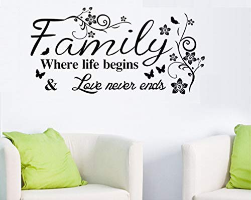 Wall Stickers 'Family Where Life Begins 'Vinyl Wall Decal Words Quote Wall Art Sticker Home Decor For Bedroom Living Room 39.3 X 15.7 In (Black) #TOP1