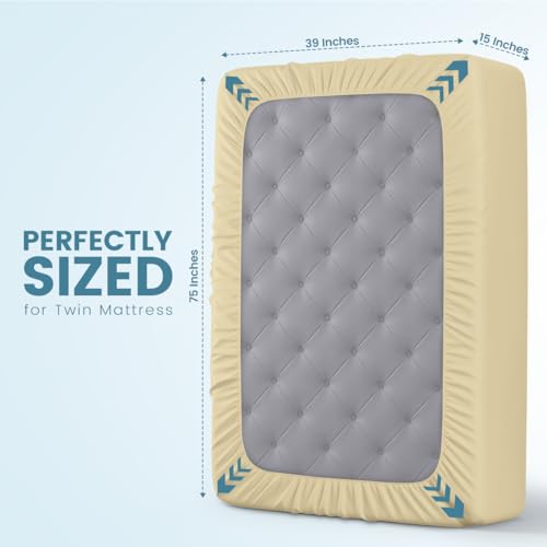 Image of Twin Size Mattress Protector Waterproof, Premium 200 GSM Terry Mattress Cover, Soft & Breathable Bed Cover, Fitted Sheet Style Stretchable Deep Pockets 15 inch by Utopia Bedding (Beige)