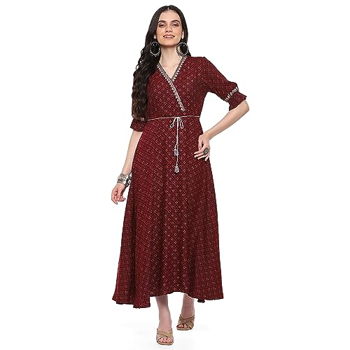 Image of Rangriti Maroon Cotton Blend Printed Dress for Women