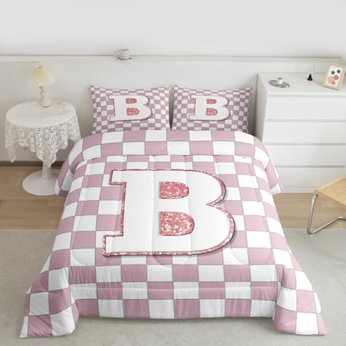 Image of Erosebridal Pink Initial B Comforter Set Full Kawaii Plaid Checkered Bedding Set Cute Personalized Monogram Comforter for Kids Girls Teen Women,Fashion Grids Gingham Quilt Duvet
