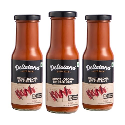 Deliciano Bhoot Jolokia Hot Sauce, Made with India’s Hottest Chillies, No Artificial Colours & Flavours, Fiery, Bold Heat with a Unique Smoky Kick, Perfect for Spice Lovers - 220g (Pack of 3)
