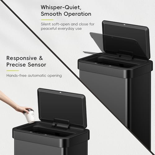 Image of EKO EcoNova 13.2 Gallon / 50L Automatic Sensor Kitchen Trash Can or Recycling Bin, Stainless Steel Touchless Garbage Bin with Soft-Close & Stay-Open Lid, Fingerprint-Resistant, Matte Black