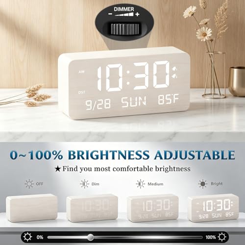 Wooden Digital Alarm Clock for Bedroom Desk Clock with Date, Day of Week, Temperature, Dual Alarms, Dimmer, USB Port Charge, DST, Adjustable Volume for Living Room/Office Wood Decor (White) - Image 4