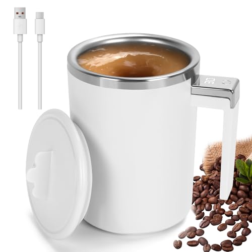 Yummy Sam Self Stirring Coffee Mug with LED Display Temperature, 13.5 Oz Rechargeable Milk Coffee Mixing Cup, Electric Automatic Cocoa Hot Chocolate Juice Mixer with Lid for Home Office (Milk White)