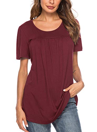 Yidarton Womens Scoop Neck Pleated Blouse Solid Color Tunic Tops Shirts,Wine Red,X-Large - Thumbnail 4