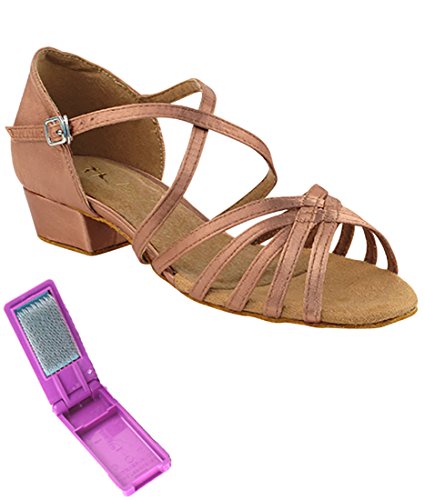 Very Fine Dance Shoes - Ladies Practice, Cuban Low Heel, Waltz, Wedding Dance Shoes - 1670FT - 1-inch Heel and Foldable Brush Bundle - Tan Satin - 9.5