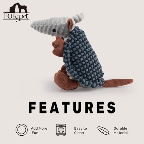 Image of Hollypet Plush Dog Squeaky Toy Stuffed Armadillo Animal Pet Puppy Chew Toys with Clean Teeth for Small Medium Large All Breed Sizes Dogs, Dark Gray and Light Gray,8 in