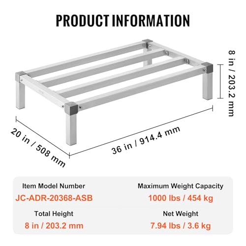 VEVOR Aluminum Dunnage Rack, 36” x 20” Commercial Food Floor Rack, 8” Off The Floor, 1000 lbs Capacity All-Welded Aluminum Storage, for Storage in Restaurants, Kitchens, Garages and Vehicles by VEVOR - Image 7