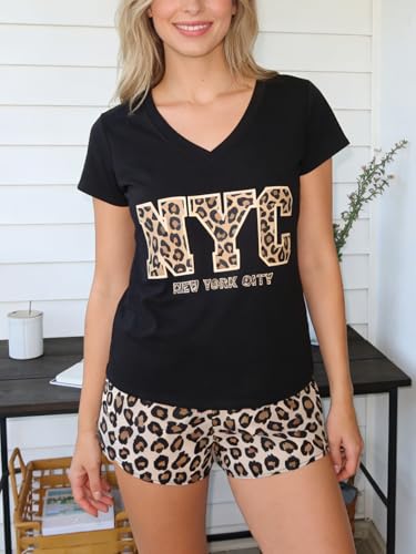 Image of VENTELAN Pajama Set For Women Cute PJS Summer Short Sleeve Shorts Sleepwear