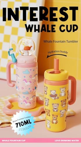 Image of Stainless Steel Whale Fountain Tumbler with Handle, Drinking Cup with Whale Squirt, 24oz Whale Water Bottle Two Silicone Soft Tip, Leak-Proof Whale Fountain Tumbler for Kids Teens Adults (A-Pink)