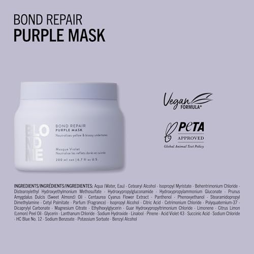 Schwarzkopf Professional BLONDME Bond Repair Purple Mask Masque Capillaire Neutraliser Sous Tons Jaunes Cheveux Colorés Éclaircis Décolorés Profondément Nourrissant Et Renforçant 200 ml