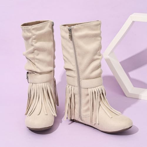 Girls Mid Calf Retro Tassel Cowboy Cowgirl Boots Western Riding Shoes With Side Zipper3