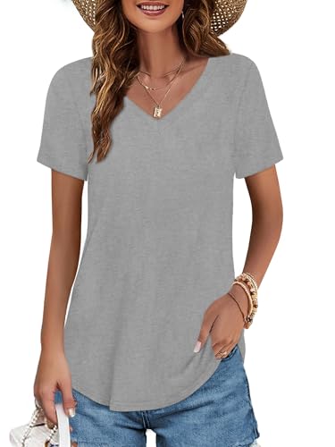 Image of Elesomo Womens T Shirts V Neck Summer Short /Long Sleeve Cotton Tops Tees