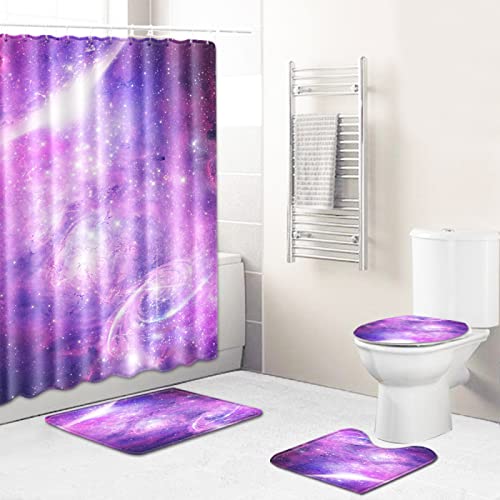 ZQMHCY Duschvorhang Aurora Rosa Lila Badematte 4-Teiliges Set, 1 Duschvorhang 180x180 Polyester+1 Badvorleger rutschfeste(50x80)+1 U-Typ Fußmatte Wasseraufnahme Teppich+1 Toilettensitzkissen