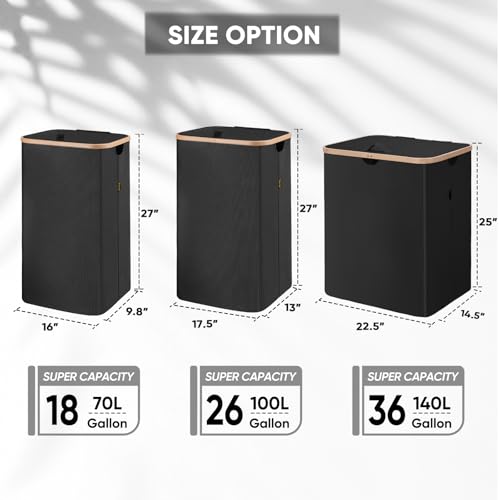Image of BALEINE Laundry Hamper with Lid, Tall Laundry Baskets with Bamboo Pull Handles, Large Laundry Bin with Internal Support (26Gal /100L, Carbon Black)