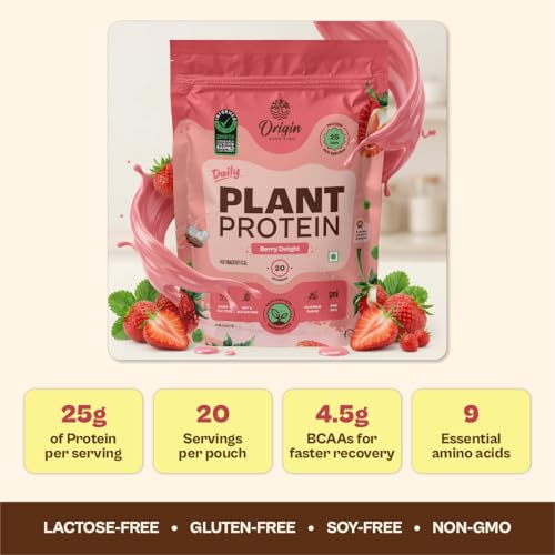Image of Origin Nutrition 100% Natural Plant Based Protein Powder, 816 gm, Ranked Best Vegan Protein, European Pea Protein Isolate & Pumpkin Seed, Strawberry Flavour with 25g per Protein Per Serve