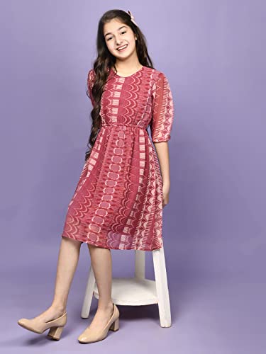 Image of LILPICKS Girls All Over Aztec Printed Long Sleeve Fit n Flare Dress (Pink)
