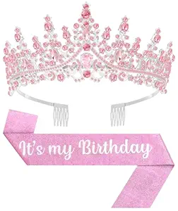 Birthday Tiara and Crown with Sash, Birthday Tiara for Women Party (Pink)
