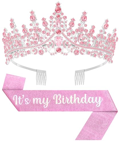 Birthday Tiara and Crown with Sash, Birthday Tiara for Women Party (Pink)
